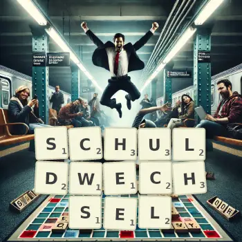 Kreative Illustration für ein Scrabble-Spiel, bei dem das Wort SCHULDWECHSEL mit Steinen auf dem Brett gelegt wurde.