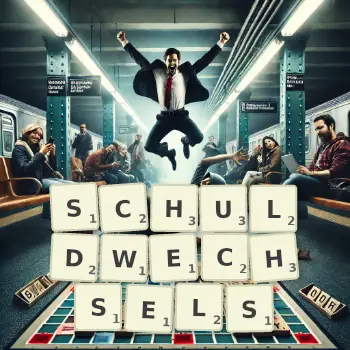 Kreative Illustration für ein Scrabble-Spiel, bei dem das Wort SCHULDWECHSELS mit Steinen auf dem Brett gelegt wurde.