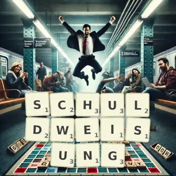 Kreative Illustration für ein Scrabble-Spiel, bei dem das Wort SCHULDWEISUNG mit Steinen auf dem Brett gelegt wurde.