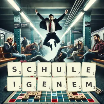 Kreative Illustration für ein Scrabble-Spiel, bei dem das Wort SCHULEIGENEM mit Steinen auf dem Brett gelegt wurde.