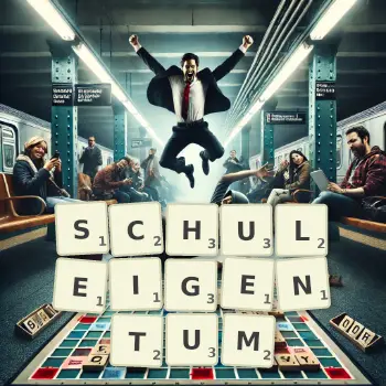 Kreative Illustration für ein Scrabble-Spiel, bei dem das Wort SCHULEIGENTUM mit Steinen auf dem Brett gelegt wurde.
