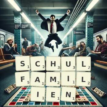Kreative Illustration für ein Scrabble-Spiel, bei dem das Wort SCHULFAMILIEN mit Steinen auf dem Brett gelegt wurde.