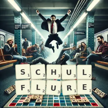 Kreative Illustration für ein Scrabble-Spiel, bei dem das Wort SCHULFLURE mit Steinen auf dem Brett gelegt wurde.
