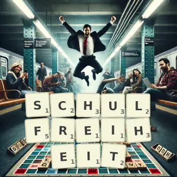 Kreative Illustration für ein Scrabble-Spiel, bei dem das Wort SCHULFREIHEIT mit Steinen auf dem Brett gelegt wurde.