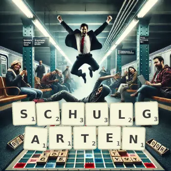 Kreative Illustration für ein Scrabble-Spiel, bei dem das Wort SCHULGARTEN mit Steinen auf dem Brett gelegt wurde.
