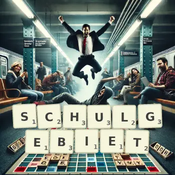 Kreative Illustration für ein Scrabble-Spiel, bei dem das Wort SCHULGEBIET mit Steinen auf dem Brett gelegt wurde.