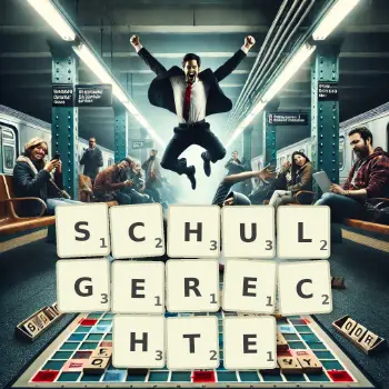 Kreative Illustration für ein Scrabble-Spiel, bei dem das Wort SCHULGERECHTE mit Steinen auf dem Brett gelegt wurde.