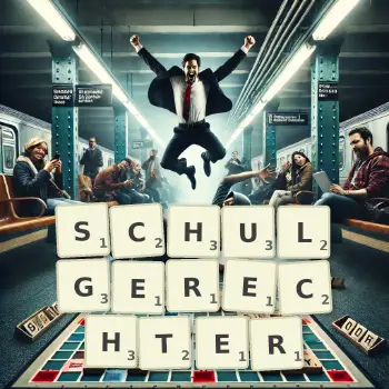 Kreative Illustration für ein Scrabble-Spiel, bei dem das Wort SCHULGERECHTER mit Steinen auf dem Brett gelegt wurde.