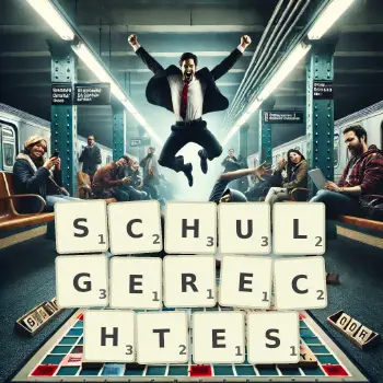 Kreative Illustration für ein Scrabble-Spiel, bei dem das Wort SCHULGERECHTES mit Steinen auf dem Brett gelegt wurde.