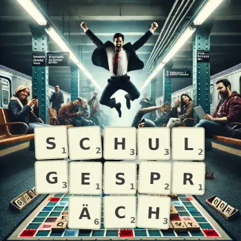 Kreative Illustration für ein Scrabble-Spiel, bei dem das Wort SCHULGESPRÄCH mit Steinen auf dem Brett gelegt wurde.