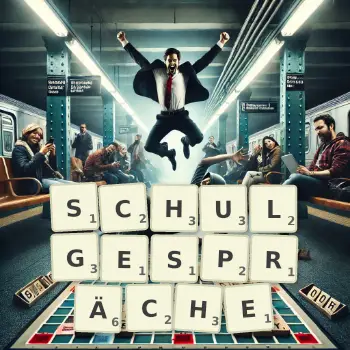 Kreative Illustration für ein Scrabble-Spiel, bei dem das Wort SCHULGESPRÄCHE mit Steinen auf dem Brett gelegt wurde.