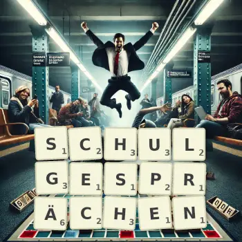 Kreative Illustration für ein Scrabble-Spiel, bei dem das Wort SCHULGESPRÄCHEN mit Steinen auf dem Brett gelegt wurde.