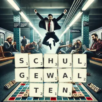 Kreative Illustration für ein Scrabble-Spiel, bei dem das Wort SCHULGEWALTEN mit Steinen auf dem Brett gelegt wurde.