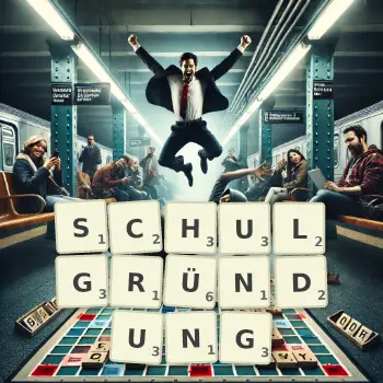 Kreative Illustration für ein Scrabble-Spiel, bei dem das Wort SCHULGRÜNDUNG mit Steinen auf dem Brett gelegt wurde.