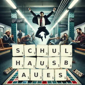 Kreative Illustration für ein Scrabble-Spiel, bei dem das Wort SCHULHAUSBAUES mit Steinen auf dem Brett gelegt wurde.