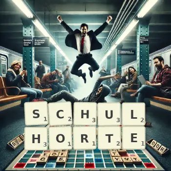 Kreative Illustration für ein Scrabble-Spiel, bei dem das Wort SCHULHORTE mit Steinen auf dem Brett gelegt wurde.