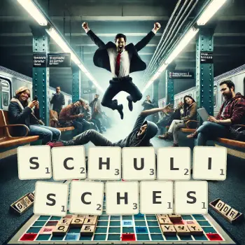 Kreative Illustration für ein Scrabble-Spiel, bei dem das Wort SCHULISCHES mit Steinen auf dem Brett gelegt wurde.