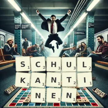 Kreative Illustration für ein Scrabble-Spiel, bei dem das Wort SCHULKANTINEN mit Steinen auf dem Brett gelegt wurde.