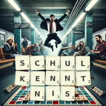 Kreative Illustration für ein Scrabble-Spiel, bei dem das Wort SCHULKENNTNIS mit Steinen auf dem Brett gelegt wurde.