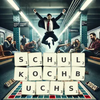 Kreative Illustration für ein Scrabble-Spiel, bei dem das Wort SCHULKOCHBUCHS mit Steinen auf dem Brett gelegt wurde.