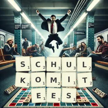 Kreative Illustration für ein Scrabble-Spiel, bei dem das Wort SCHULKOMITEES mit Steinen auf dem Brett gelegt wurde.