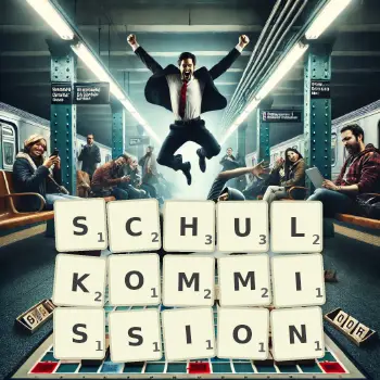 Kreative Illustration für ein Scrabble-Spiel, bei dem das Wort SCHULKOMMISSION mit Steinen auf dem Brett gelegt wurde.