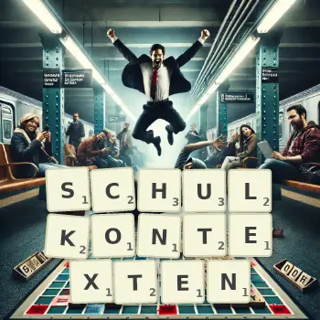 Kreative Illustration für ein Scrabble-Spiel, bei dem das Wort SCHULKONTEXTEN mit Steinen auf dem Brett gelegt wurde.