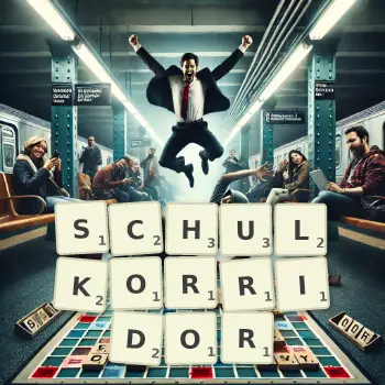 Kreative Illustration für ein Scrabble-Spiel, bei dem das Wort SCHULKORRIDOR mit Steinen auf dem Brett gelegt wurde.