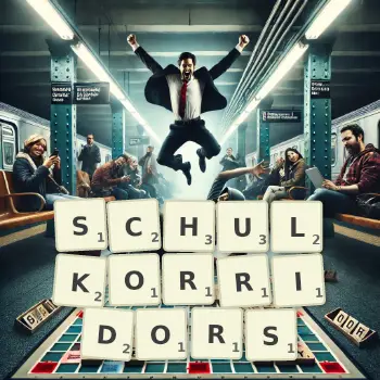 Kreative Illustration für ein Scrabble-Spiel, bei dem das Wort SCHULKORRIDORS mit Steinen auf dem Brett gelegt wurde.