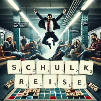 Kreative Illustration für ein Scrabble-Spiel, bei dem das Wort SCHULKREISE mit Steinen auf dem Brett gelegt wurde.