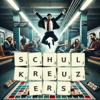 Kreative Illustration für ein Scrabble-Spiel, bei dem das Wort SCHULKREUZERS mit Steinen auf dem Brett gelegt wurde.