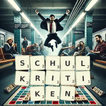 Kreative Illustration für ein Scrabble-Spiel, bei dem das Wort SCHULKRITIKEN mit Steinen auf dem Brett gelegt wurde.