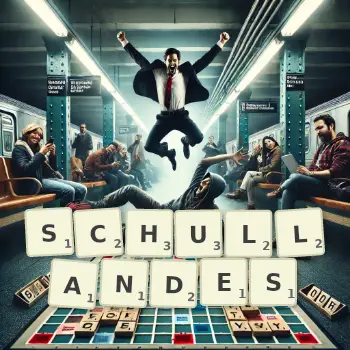 Kreative Illustration für ein Scrabble-Spiel, bei dem das Wort SCHULLANDES mit Steinen auf dem Brett gelegt wurde.