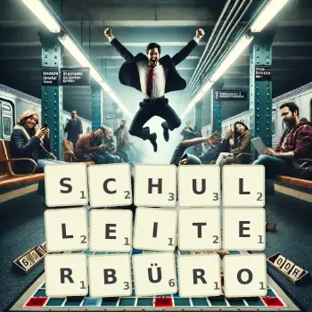 Kreative Illustration für ein Scrabble-Spiel, bei dem das Wort SCHULLEITERBÜRO mit Steinen auf dem Brett gelegt wurde.