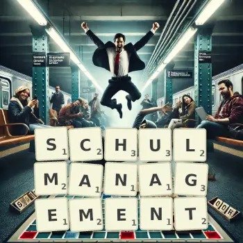 Kreative Illustration für ein Scrabble-Spiel, bei dem das Wort SCHULMANAGEMENT mit Steinen auf dem Brett gelegt wurde.