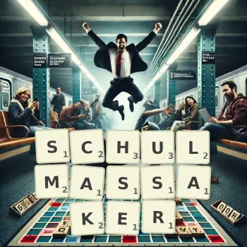 Kreative Illustration für ein Scrabble-Spiel, bei dem das Wort SCHULMASSAKER mit Steinen auf dem Brett gelegt wurde.