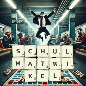 Kreative Illustration für ein Scrabble-Spiel, bei dem das Wort SCHULMATRIKEL mit Steinen auf dem Brett gelegt wurde.