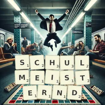 Kreative Illustration für ein Scrabble-Spiel, bei dem das Wort SCHULMEISTERND mit Steinen auf dem Brett gelegt wurde.