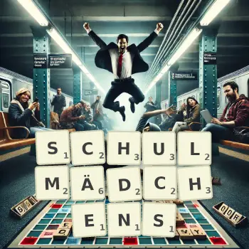 Kreative Illustration für ein Scrabble-Spiel, bei dem das Wort SCHULMÄDCHENS mit Steinen auf dem Brett gelegt wurde.