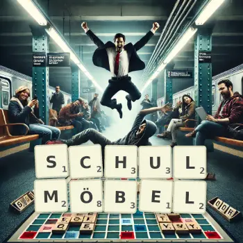 Kreative Illustration für ein Scrabble-Spiel, bei dem das Wort SCHULMÖBEL mit Steinen auf dem Brett gelegt wurde.