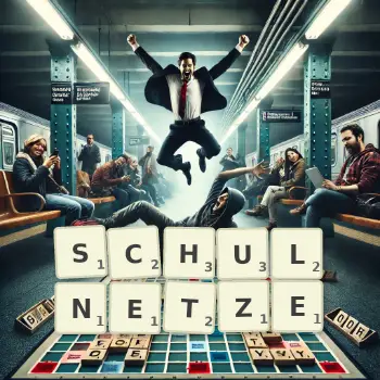 Kreative Illustration für ein Scrabble-Spiel, bei dem das Wort SCHULNETZE mit Steinen auf dem Brett gelegt wurde.