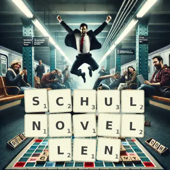 Kreative Illustration für ein Scrabble-Spiel, bei dem das Wort SCHULNOVELLEN mit Steinen auf dem Brett gelegt wurde.