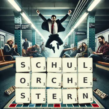 Kreative Illustration für ein Scrabble-Spiel, bei dem das Wort SCHULORCHESTERN mit Steinen auf dem Brett gelegt wurde.