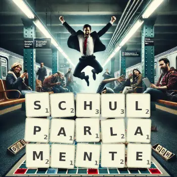 Kreative Illustration für ein Scrabble-Spiel, bei dem das Wort SCHULPARLAMENTE mit Steinen auf dem Brett gelegt wurde.