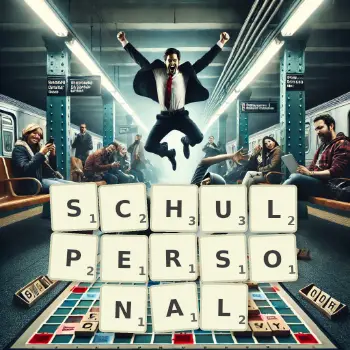 Kreative Illustration für ein Scrabble-Spiel, bei dem das Wort SCHULPERSONAL mit Steinen auf dem Brett gelegt wurde.