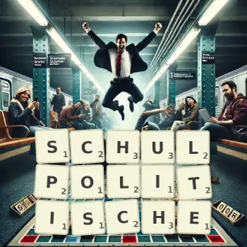 Kreative Illustration für ein Scrabble-Spiel, bei dem das Wort SCHULPOLITISCHE mit Steinen auf dem Brett gelegt wurde.