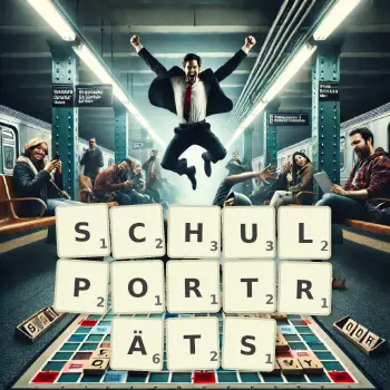 Kreative Illustration für ein Scrabble-Spiel, bei dem das Wort SCHULPORTRÄTS mit Steinen auf dem Brett gelegt wurde.