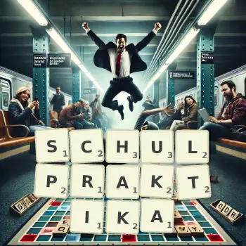 Kreative Illustration für ein Scrabble-Spiel, bei dem das Wort SCHULPRAKTIKA mit Steinen auf dem Brett gelegt wurde.