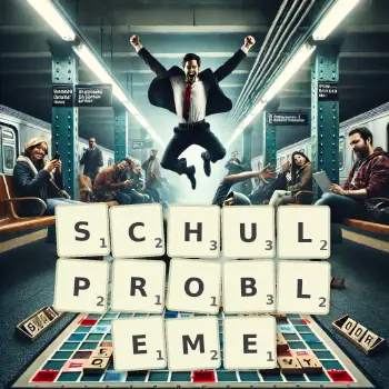Kreative Illustration für ein Scrabble-Spiel, bei dem das Wort SCHULPROBLEME mit Steinen auf dem Brett gelegt wurde.