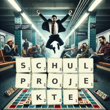 Kreative Illustration für ein Scrabble-Spiel, bei dem das Wort SCHULPROJEKTE mit Steinen auf dem Brett gelegt wurde.